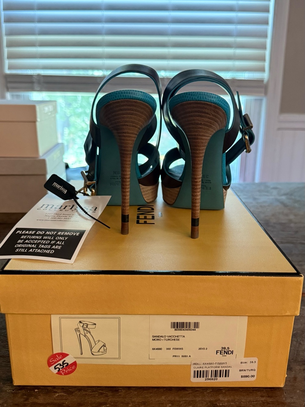 Fendi Teal Leather Strappy Stiletto Sandals with Brown Wood-Effect Heel
